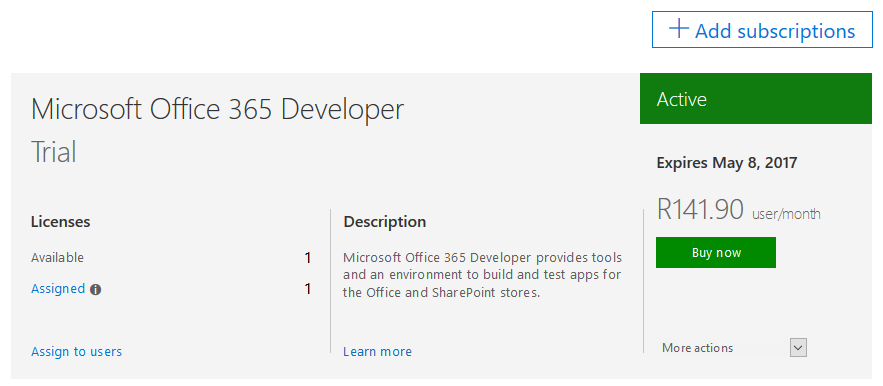 Microsoft Office 365 developer trial subscription screen