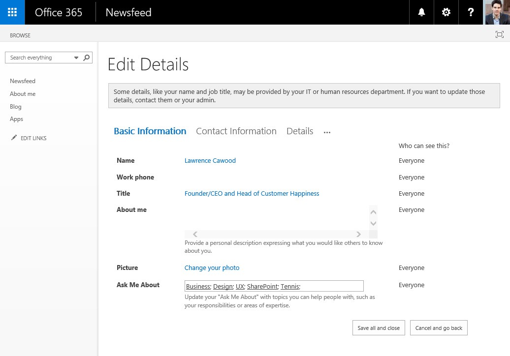 Office 365 edit profile details screen