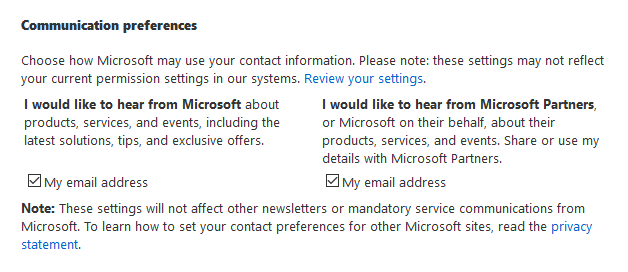 Microsoft communication preferences