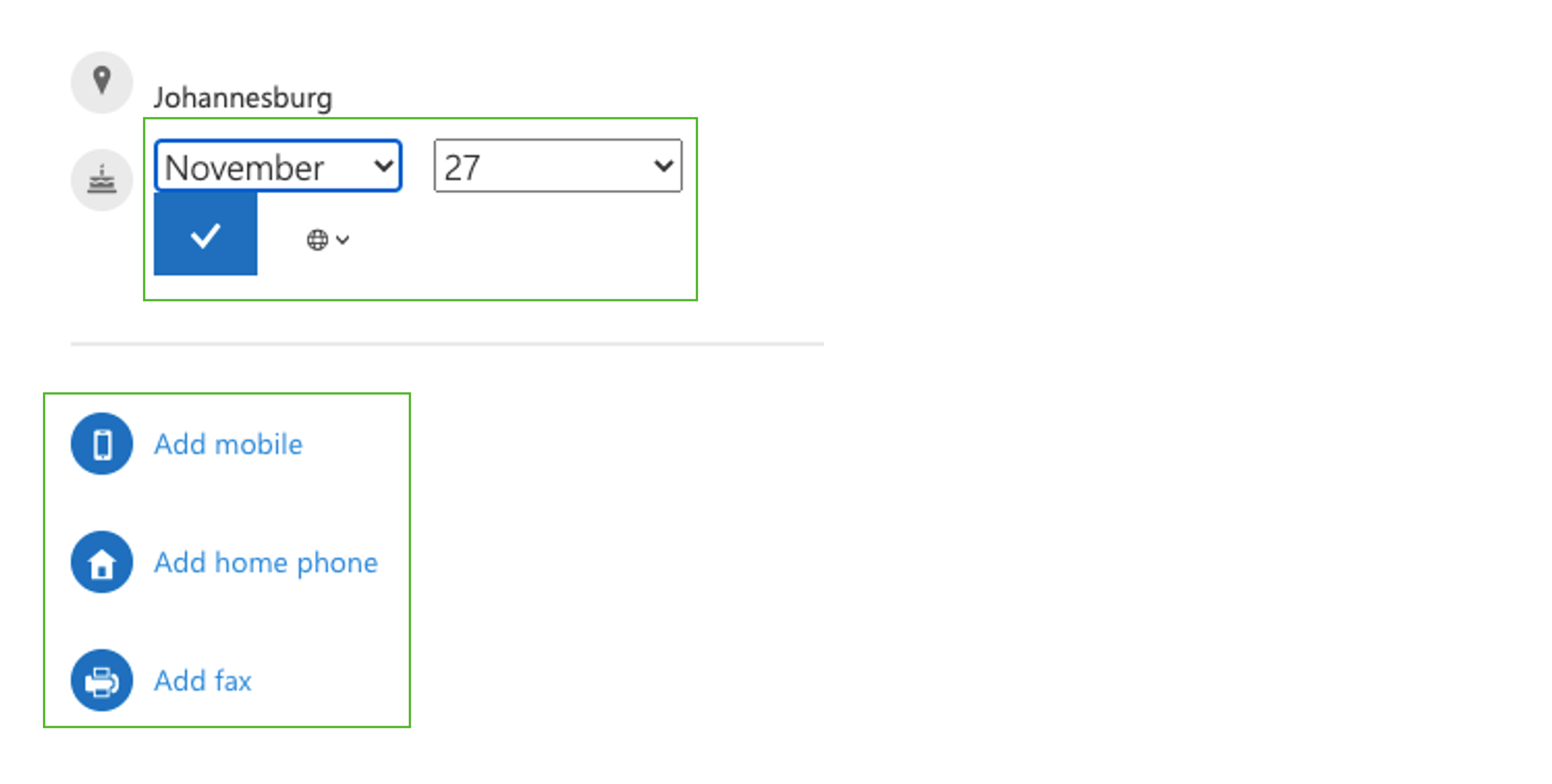 Microsoft Delve birthdate and mobile number section