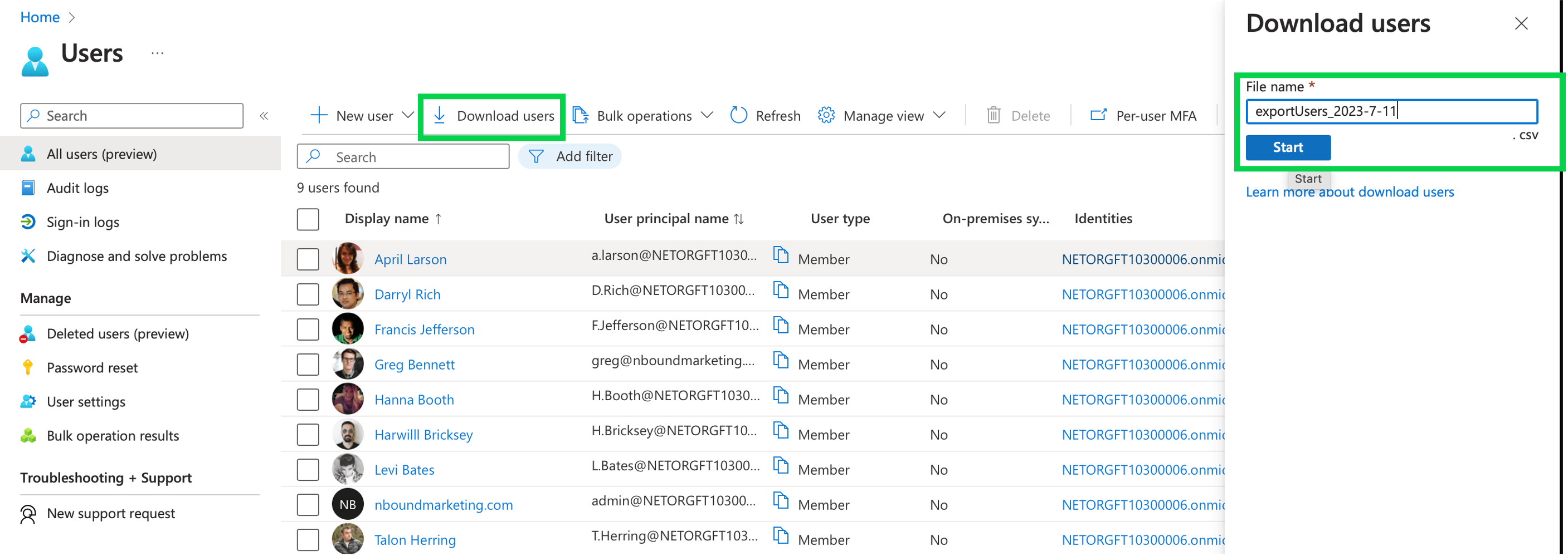 Download users in Azure AD