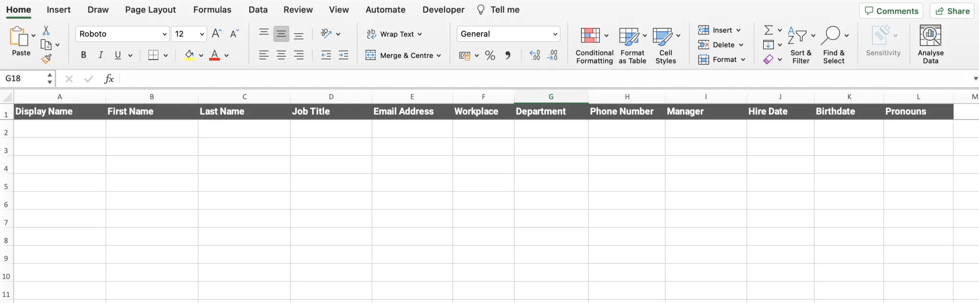 Microsoft Excel directory headers