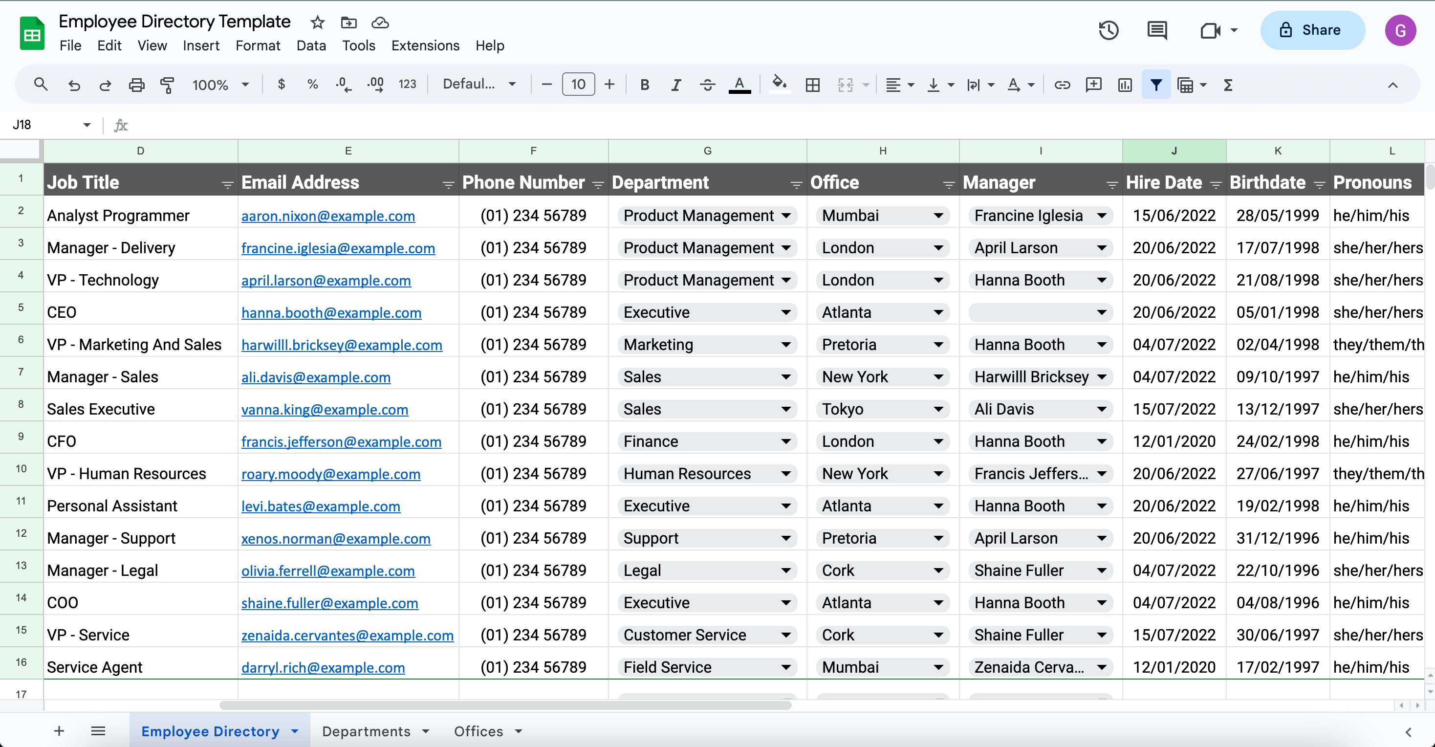 Google Sheets Employee Directory Data