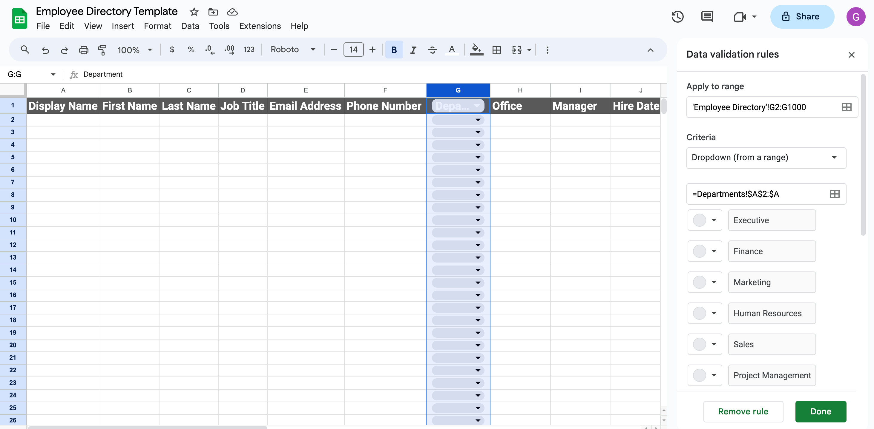 Google Sheets department directory data validation