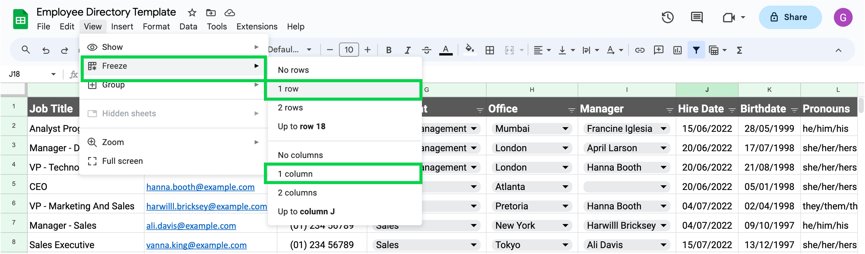 Google Sheets freeze top row