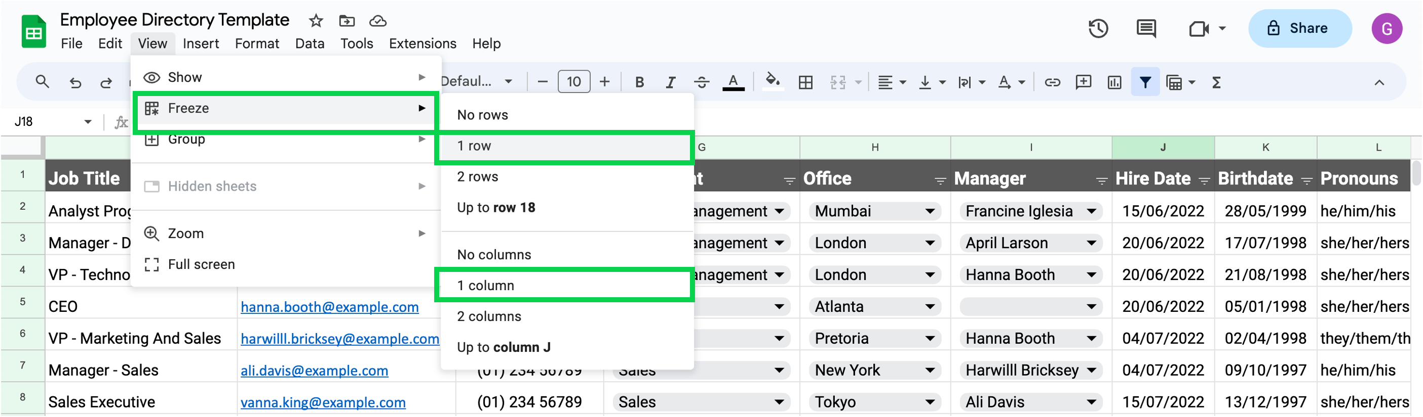 Google Sheets freeze rows and columns