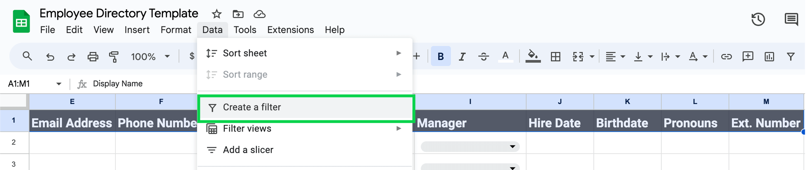 Google Sheets create a filter