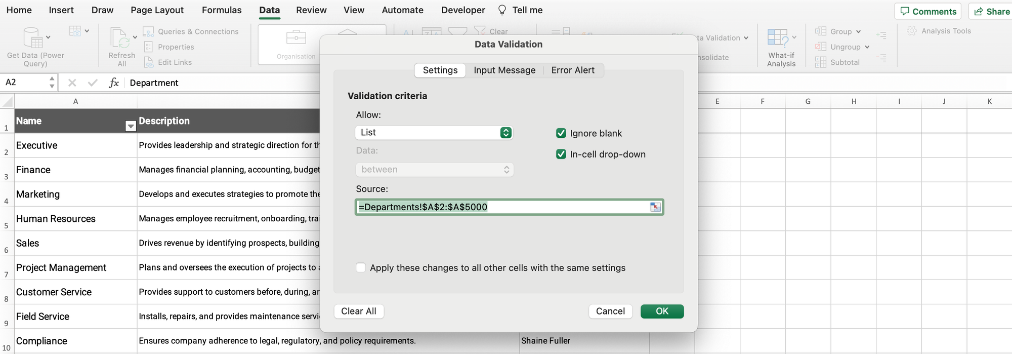 Excel department data validation