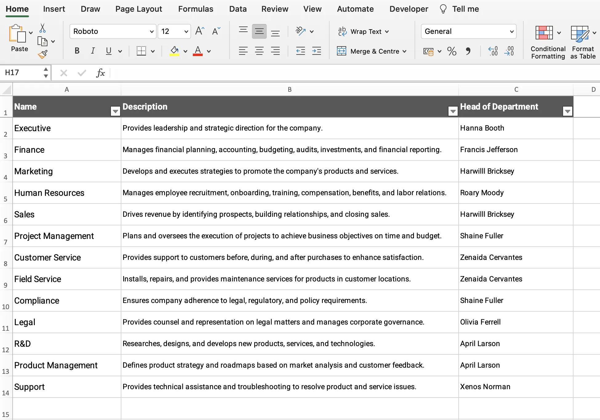 Microsoft Excel department directory