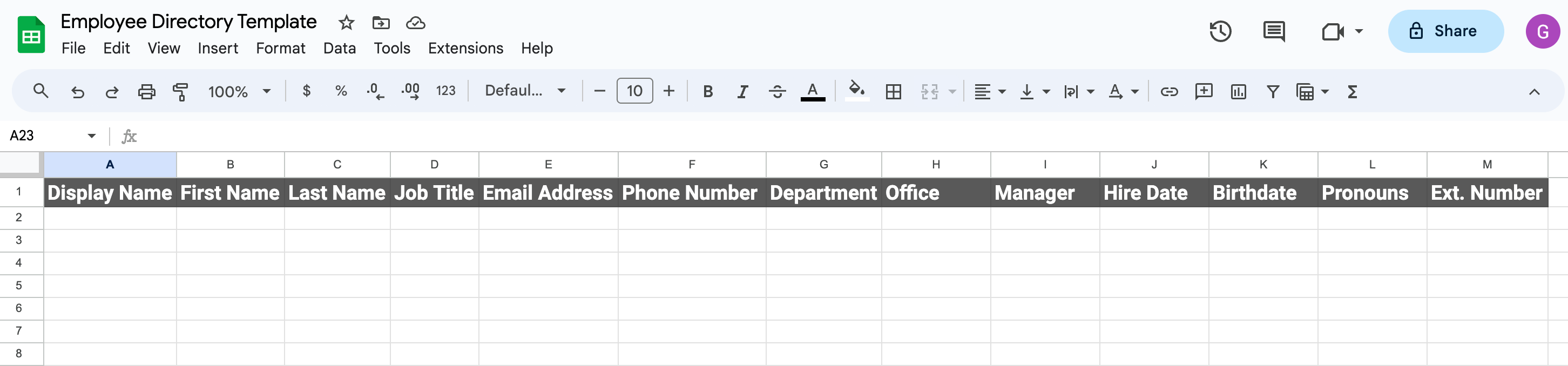 Google sheets employee directory headers