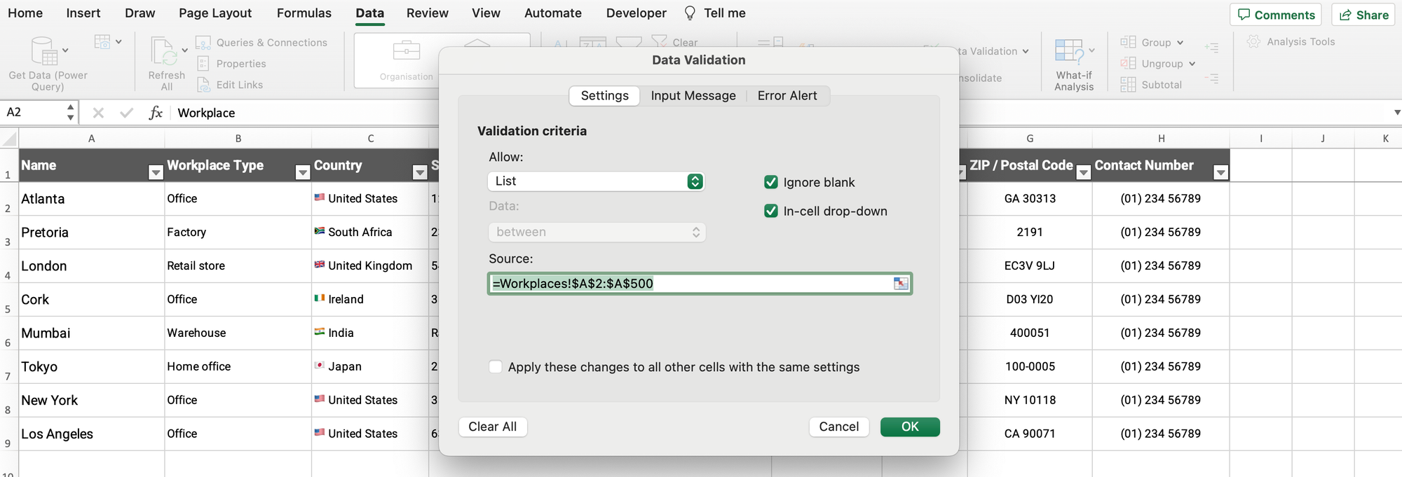 Excel offices data validation