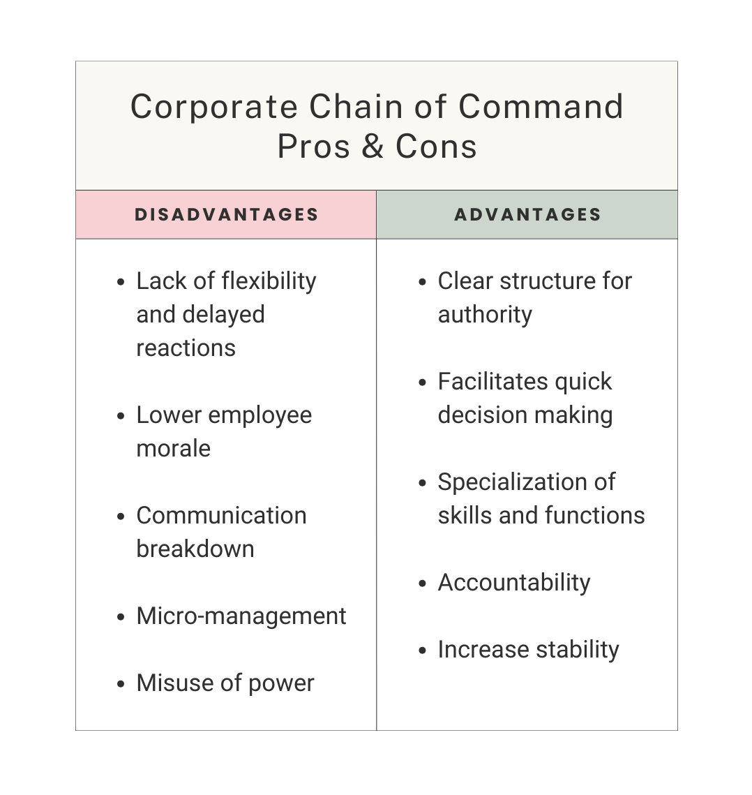advantages and disadvantages of a chain of command in business