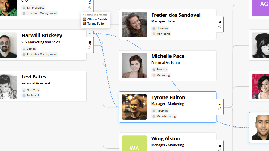 Example org chart displaying both solid-line and dotted-line connections for matrixed reporting.