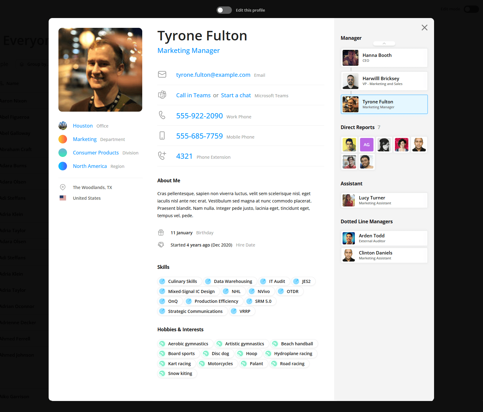 Expanded OneDirectory employee profile displaying contact info, skills, manager and team