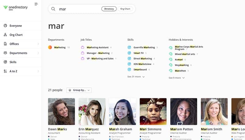 People search results in OneDirectory with filters for department, job title and skills